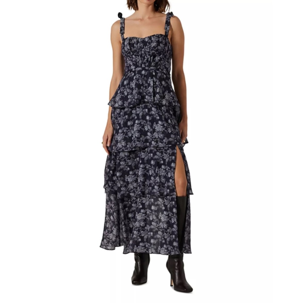 ASTR The Label Maxi Tiered Ruffle Dress Womens L Navy Grey Floral Fairy Grunge